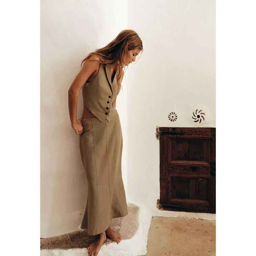 Khaki Brown Zara Flounce Hem Midi Skirt (NWT) - Picture 2 of 5